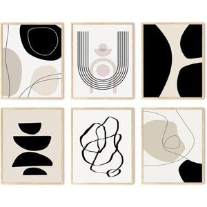 Abstract Boho Wall Art Prints Set of 6, Minimalist Geometric Boho Wall Art